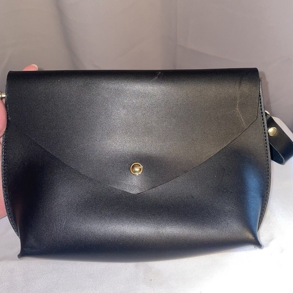 Bubo Handmade Purse Envelope Clutch Crossbody Bag Black Leather Gold Hardware